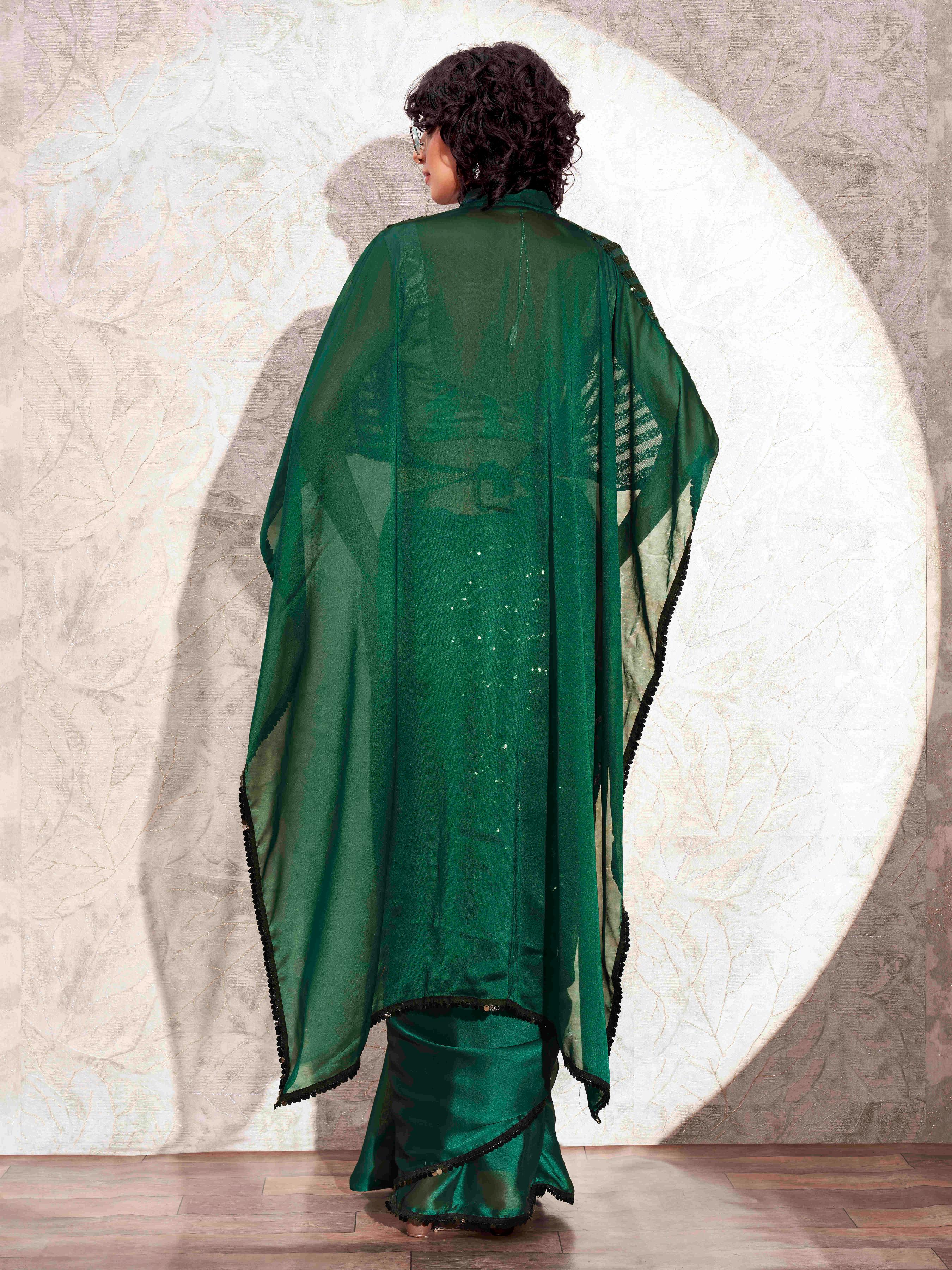 Green colored designer sequinned kaftan saree with belt and embellished border
